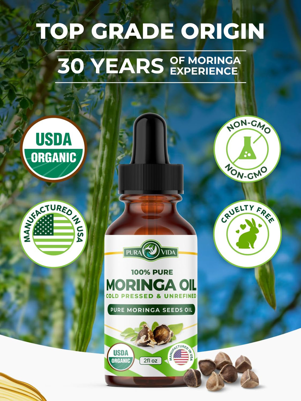 PURA VIDA MORINGA seed oil on skin delivers hydration