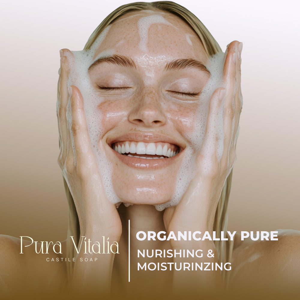 Pura Vitalia peppermint castile soap used on the face for sensitive skin care