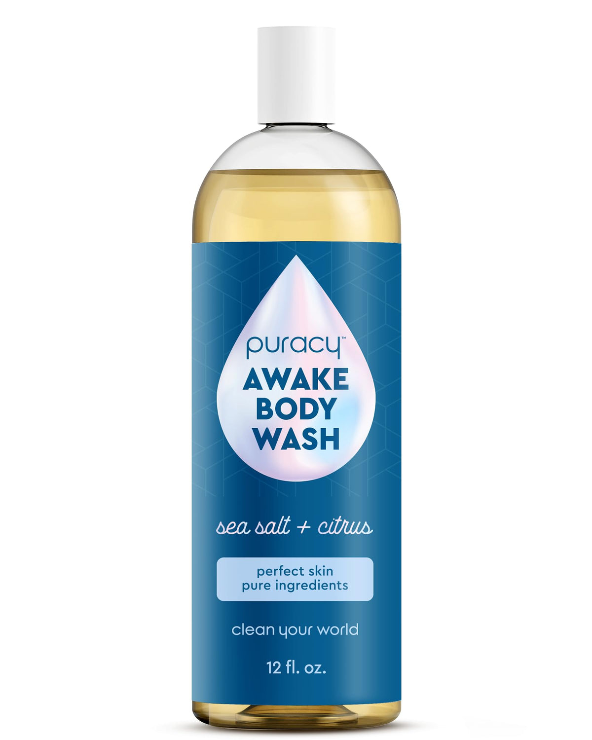 Puracy Body Wash Awake bottle front highlights citrus sea salt scent for an energizing shower.