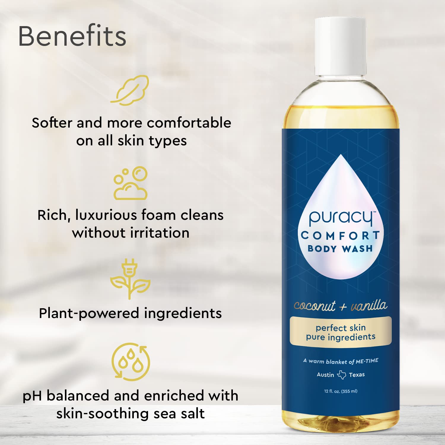 Puracy Body Wash coconut vanilla closeup label, soothing aroma for a calming shower