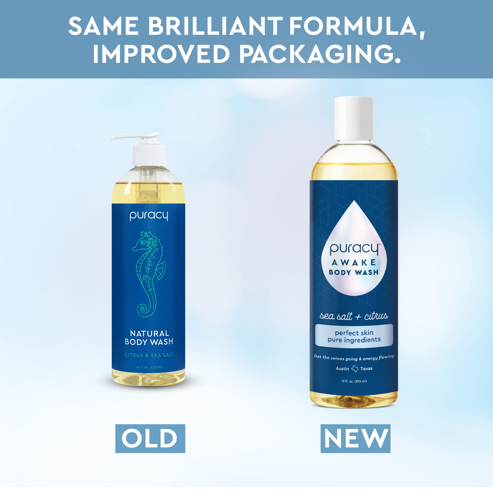 Puracy Body Wash Awake daily routine use illustrates 10-minute shower benefit.