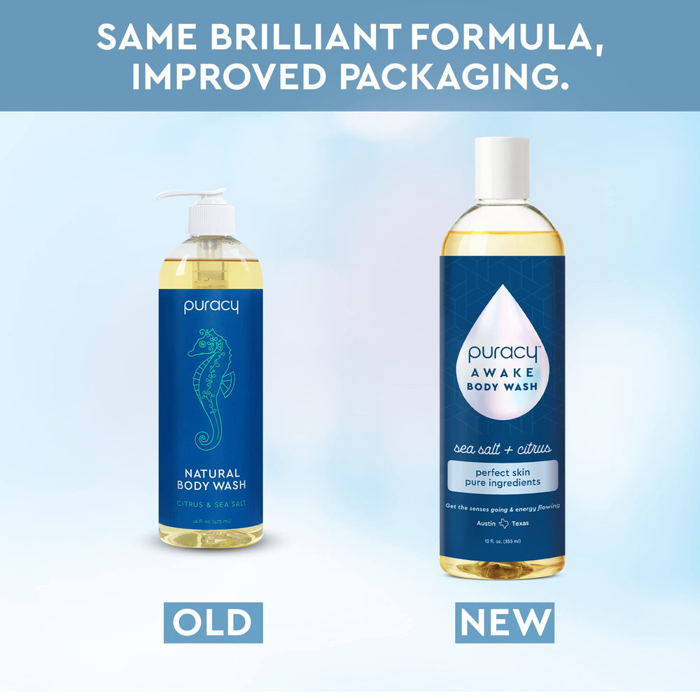 Puracy Body Wash Awake daily routine use illustrates 10-minute shower benefit.