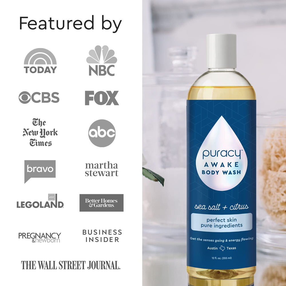 Puracy Body Wash Awake ingredients graphic highlights plant-powered formula with 98.6% plant-based ingredients.