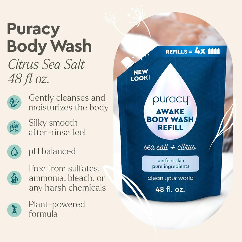 Close-up of Puracy refill label highlighting the plant-powered formula.