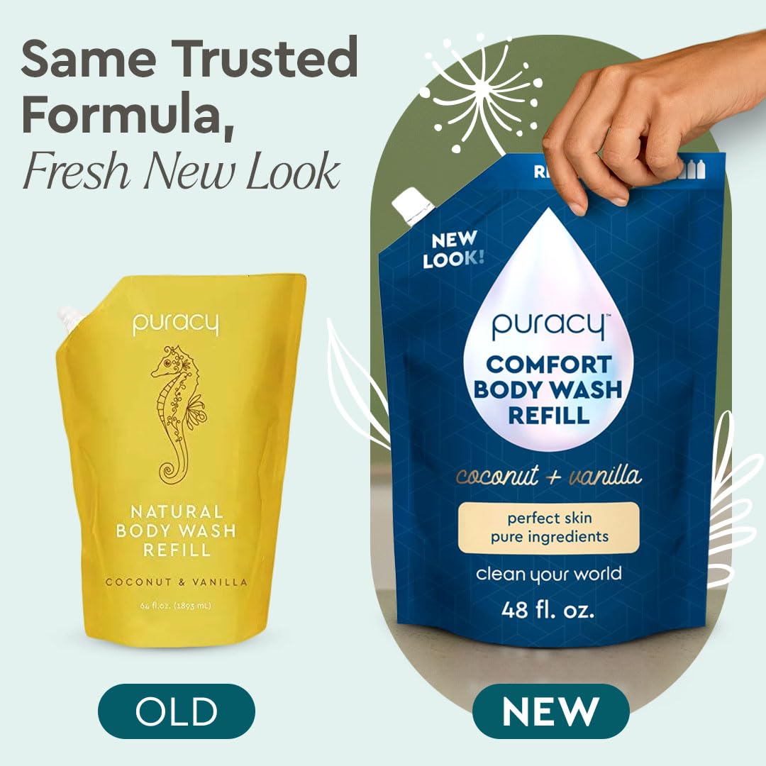 Close-up shows Coco Glycinate and plant-based formula in Puracy Comfort Body Wash
