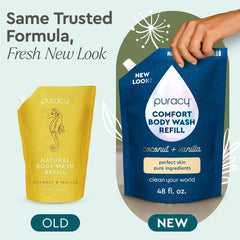 Close-up shows Coco Glycinate and plant-based formula in Puracy Comfort Body Wash