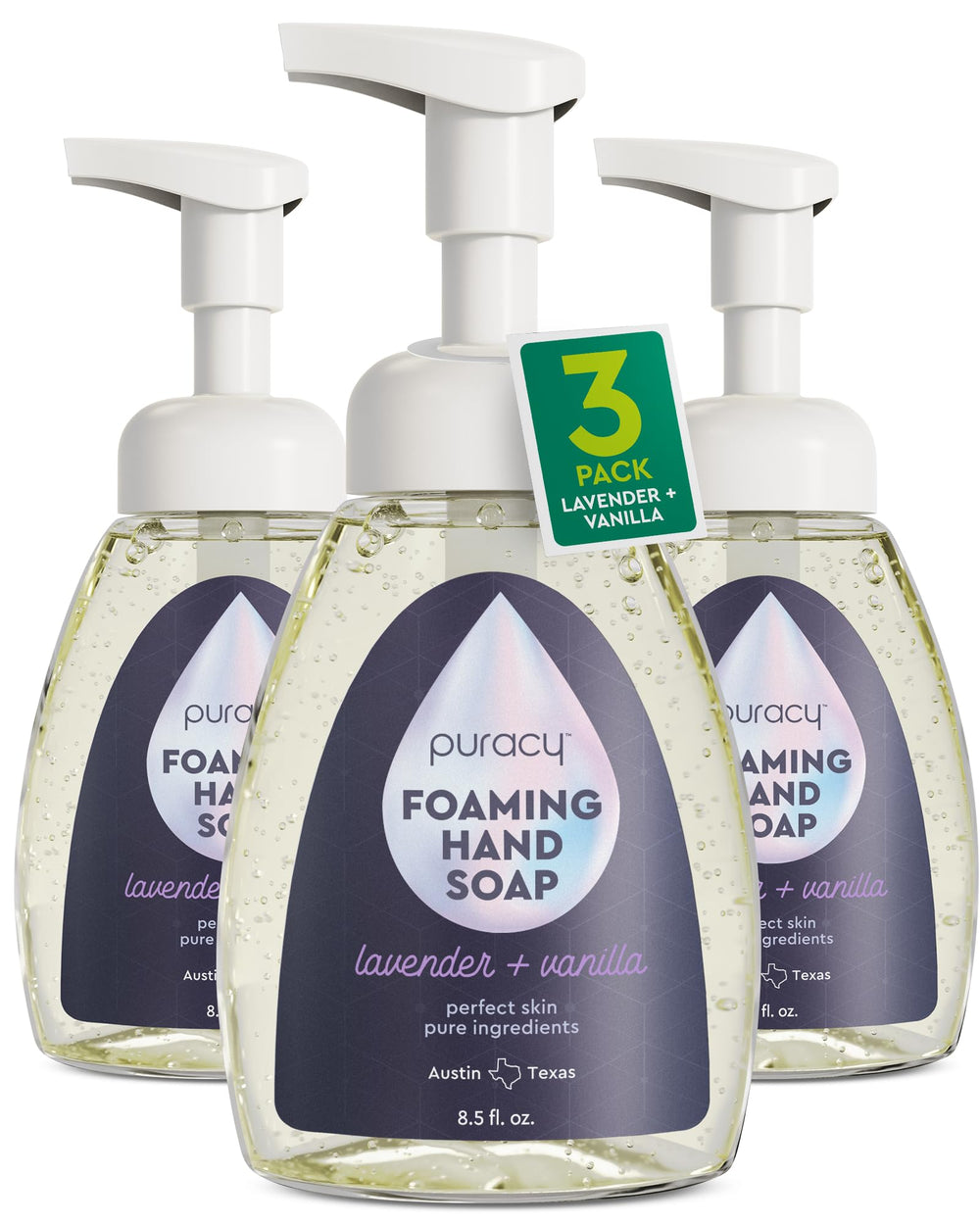 Puracy foaming hand soap bottle with lavender-vanilla aroma for a calming wash.
