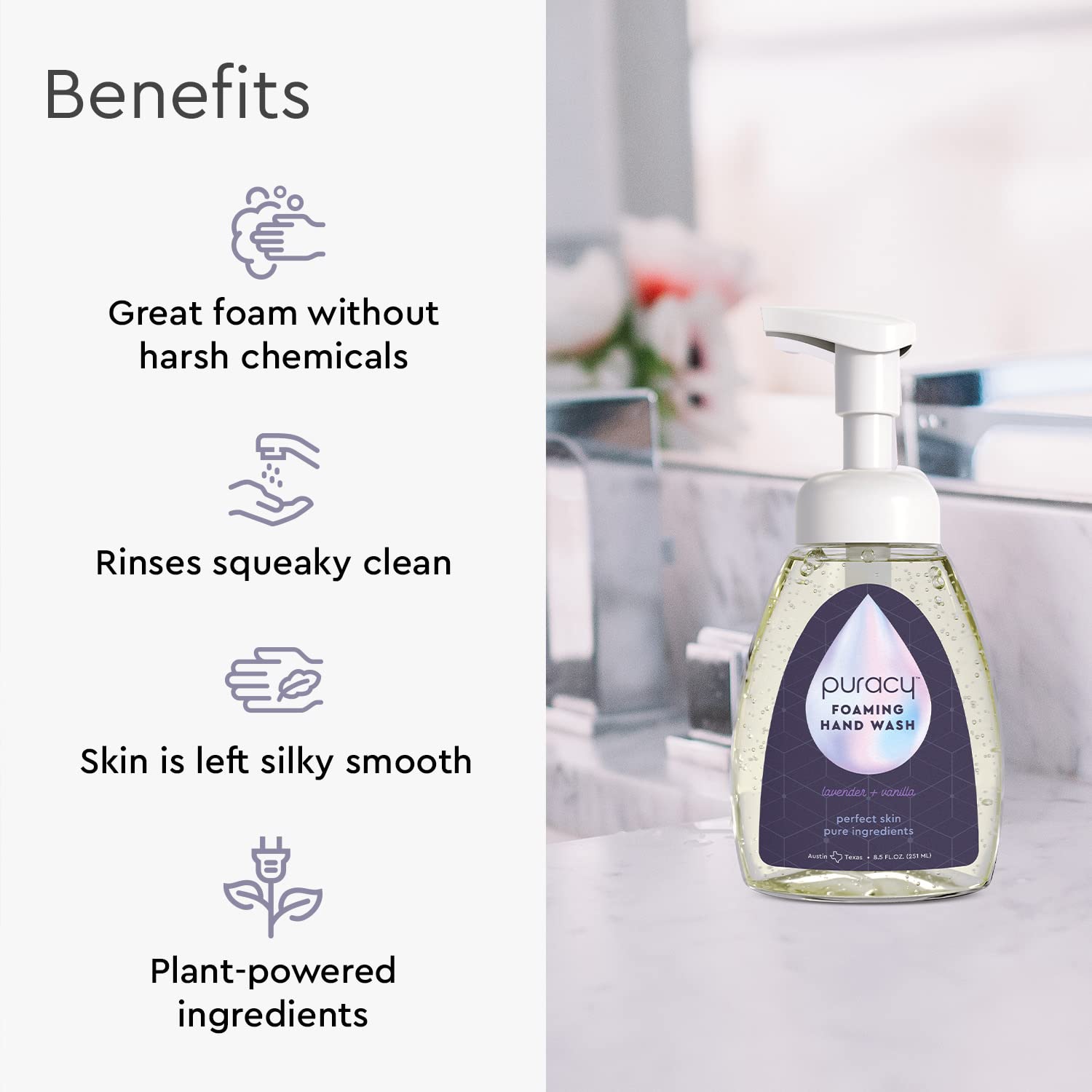 Puracy foaming hand soap in action with rich foam and moisturization.