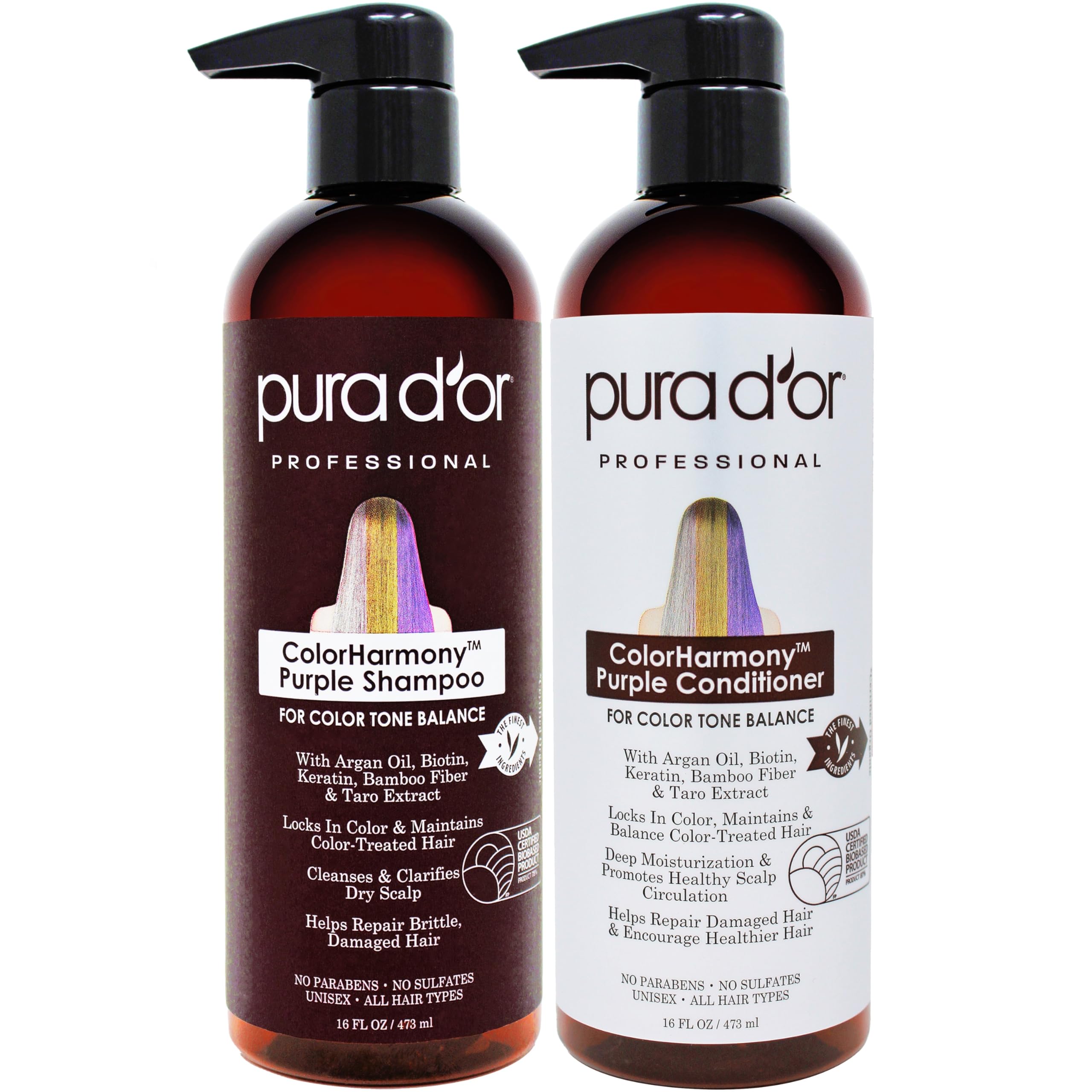 PURA D'OR Color Harmony purple shampoo bottle pour for color-treated hair maintenance