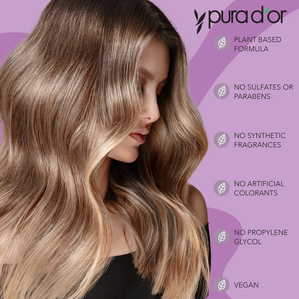 PURA D'OR Color Harmony purple shampoo-conditioner pair shown for coherent color care