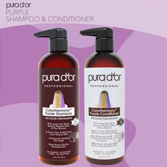 PURA D'OR Color Harmony purple shampoo label close-up highlighting violet-toned formula