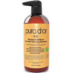 PURA D'OR Maximum Defense Shampoo bottle promotes hydration and fuller-looking hair.