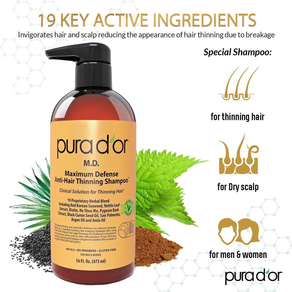 PURA D'OR Maximum Defense Shampoo label highlights coal tar and biotin.
