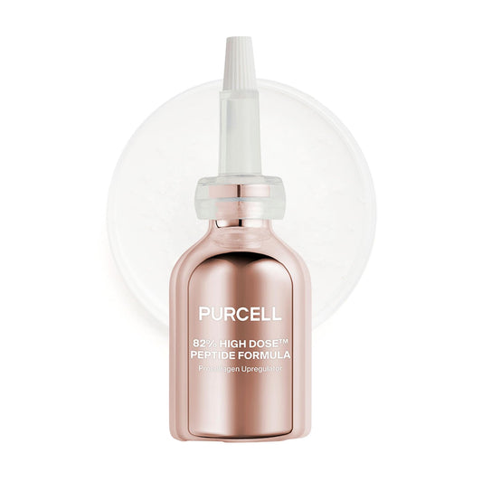 Purcell 82% peptide serum bottle close-up for smoother, firmer skin.
