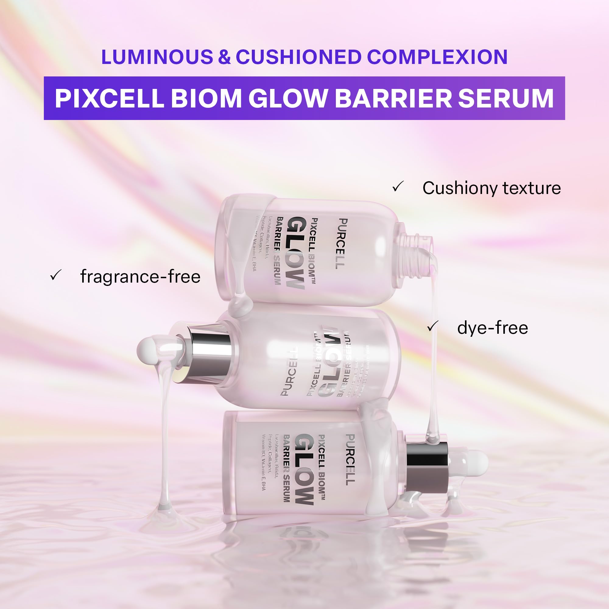 PURCELL Pixcell Biom Glow Serum delivers a glowing finish after application, ideal under makeup.