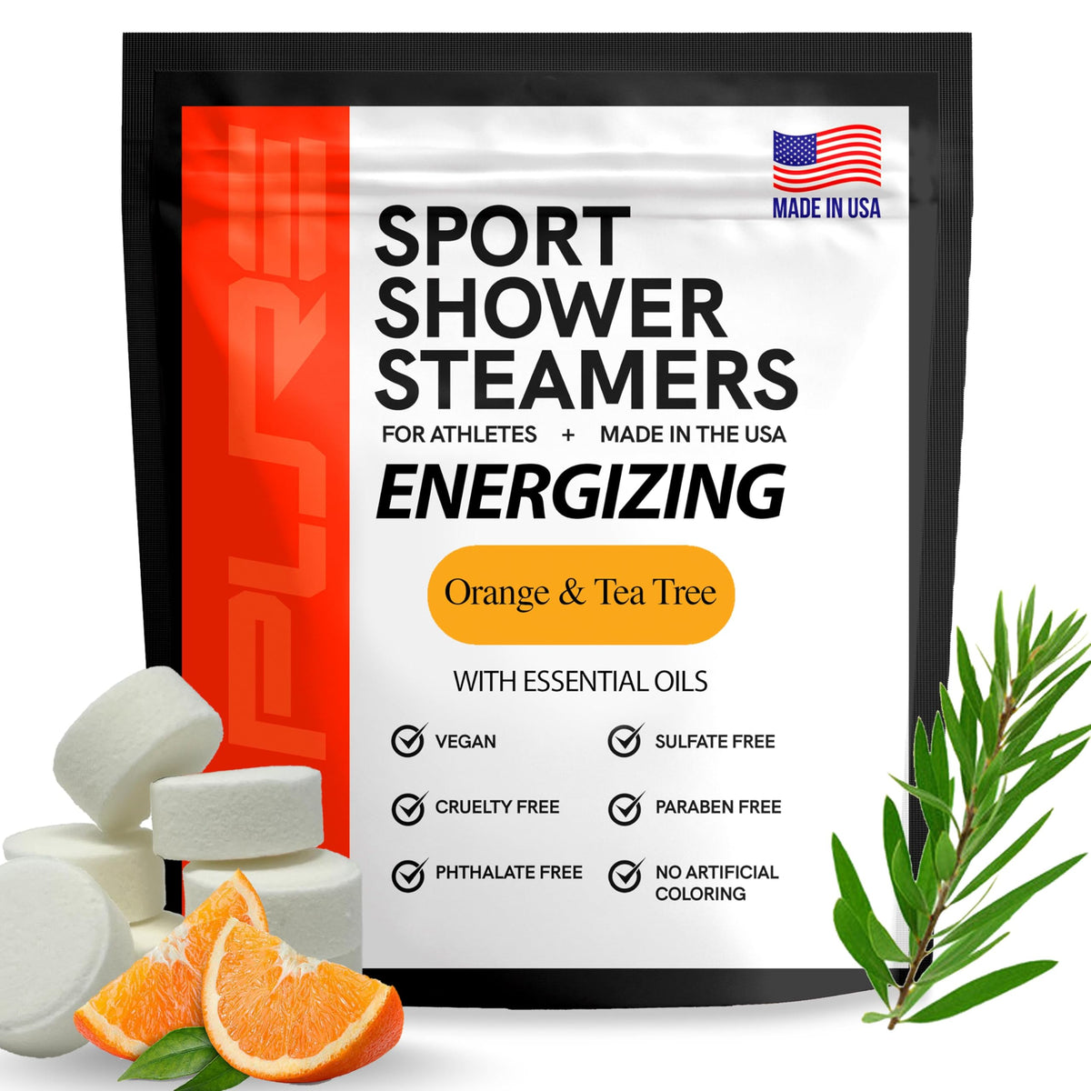 Pure Athlete orange-tea-tree steamer tablet energizes your morning shower.
