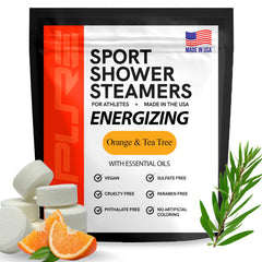 Pure Athlete orange-tea-tree steamer tablet energizes your morning shower.