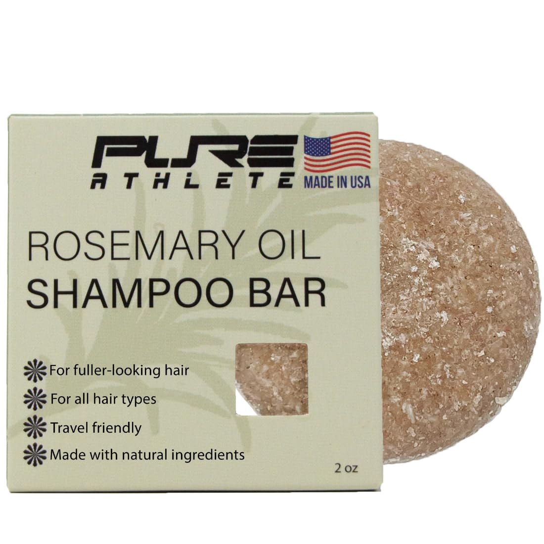 Pure Athlete Rosemary Shampoo Bar packshot highlighting plastic-free packaging