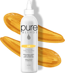 Pure Blends Sun Hydrating Color Depositing Shampoo bottle closeup for brighter color.