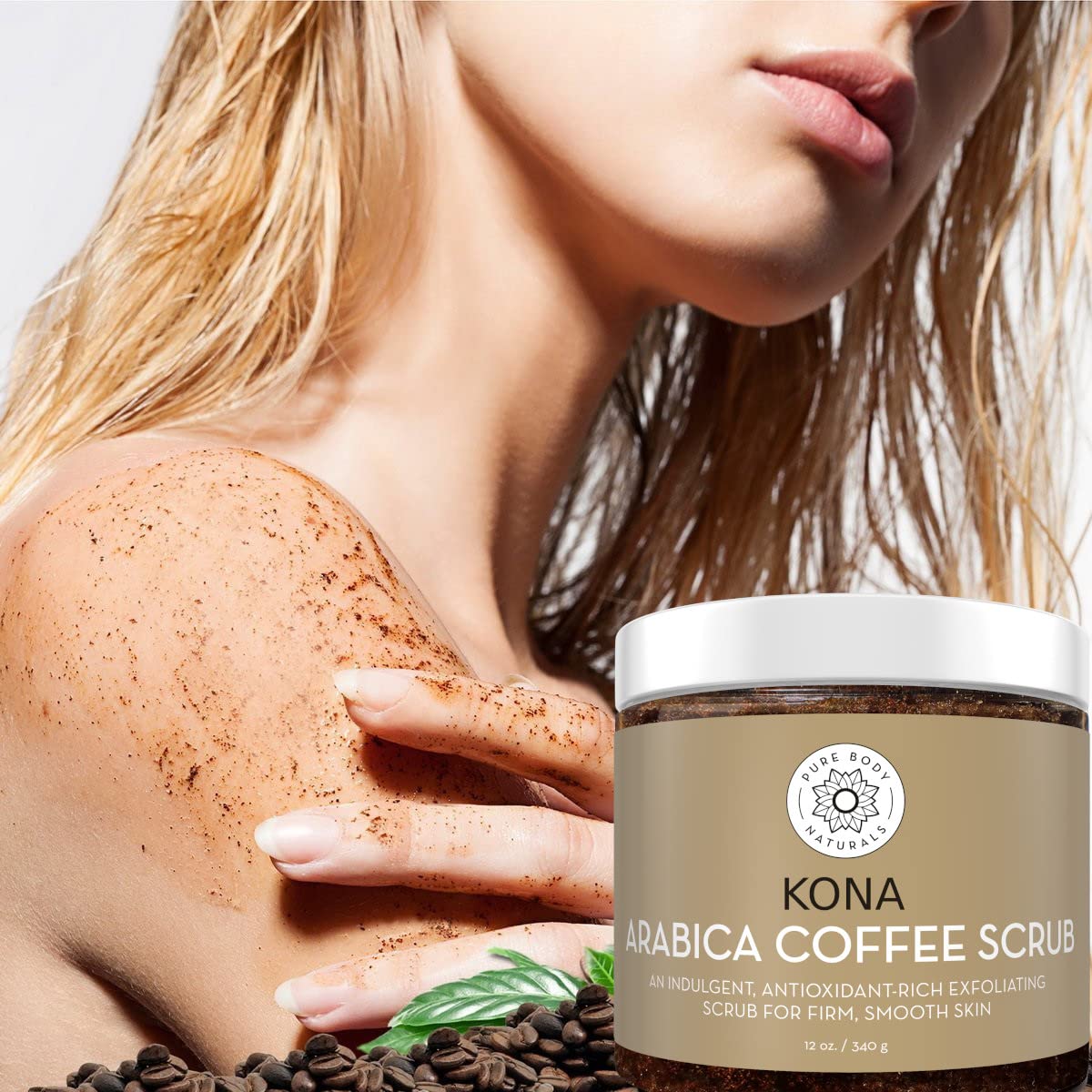 Hand applying Pure Body Naturals Arabica Coffee Scrub in the shower