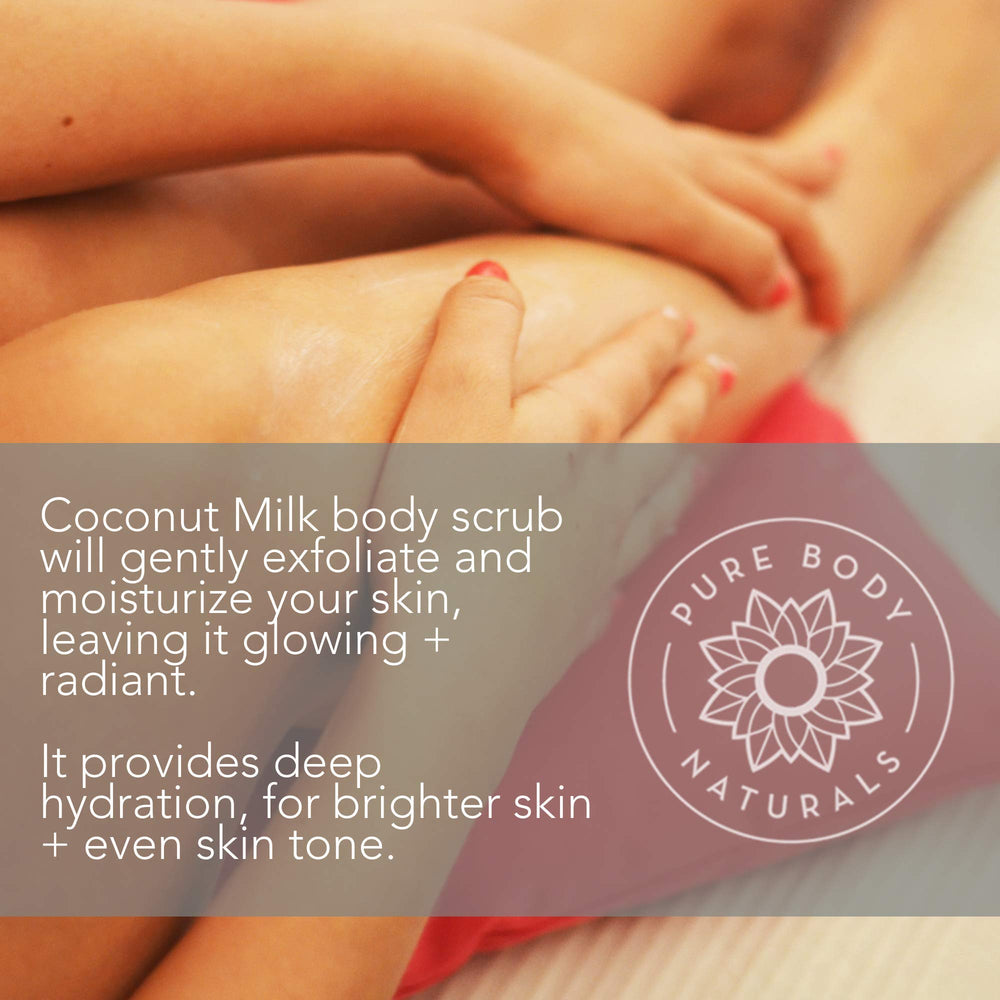 Pure Body Naturals coconut milk scrub close-up highlighting hydrating formula