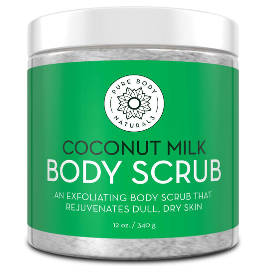 Pure Body Naturals exfoliating scrub jar showing natural ingredients for smooth skin