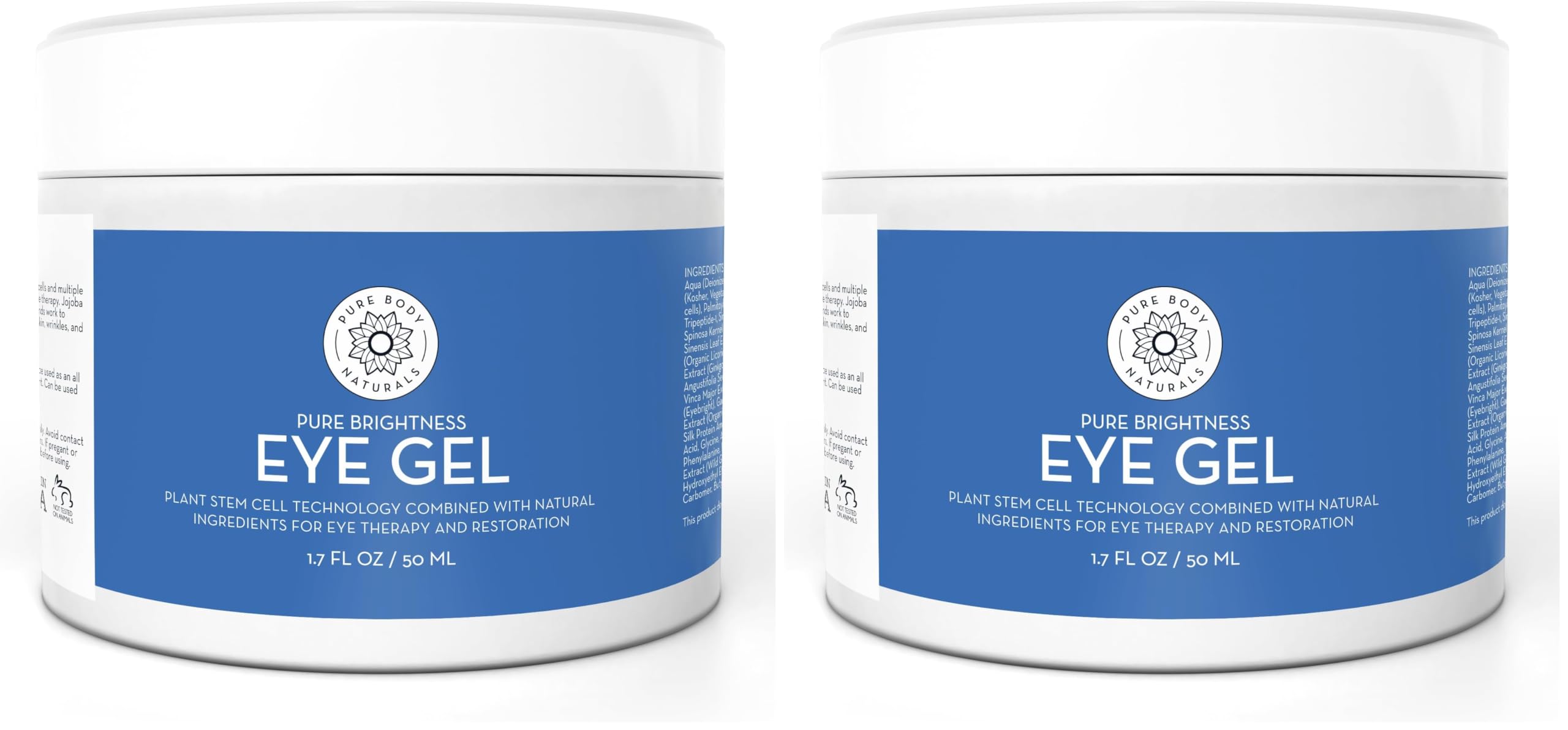 Pure Body Naturals eye gel jar close-up showing cooling formula for under-eye care.