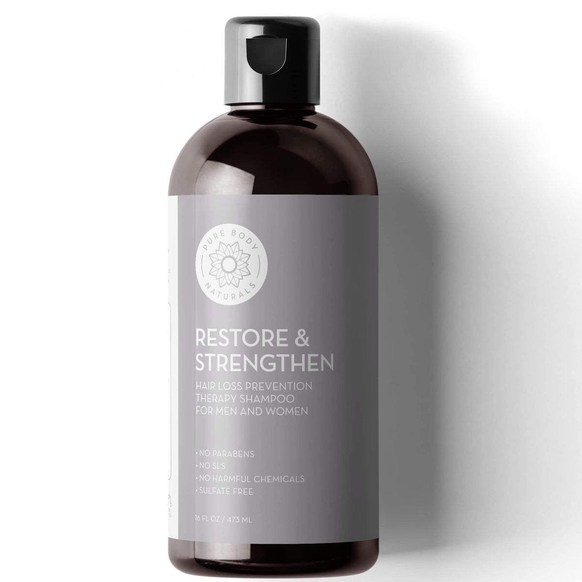 Pure Body Naturals Hair Loss Shampoo bottle with DHT blockers for thinning hair