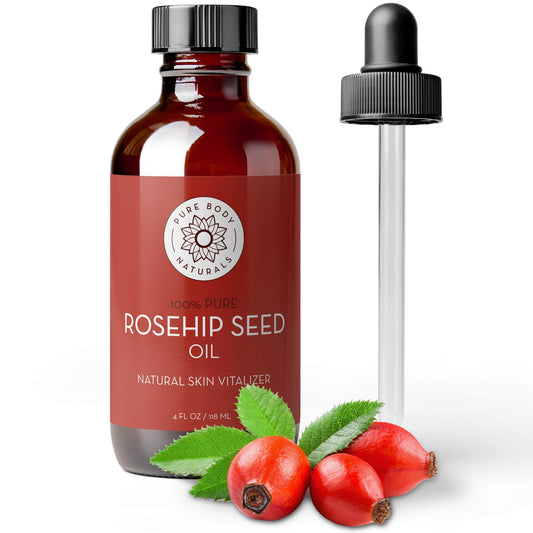 Pure Body Naturals Rosehip Oil bottle with dropper for precise, mess-free application.