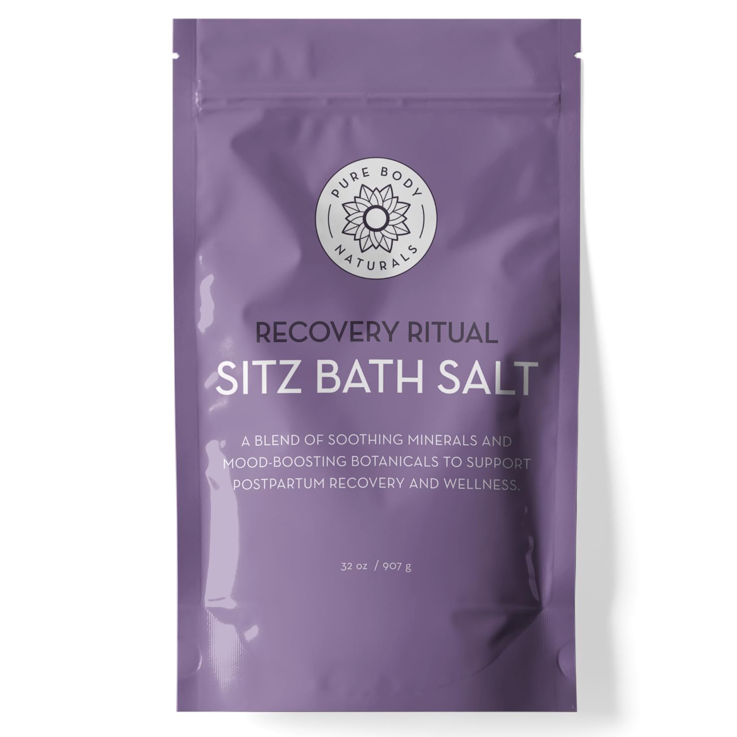 Pure Body Naturals Sitz Bath Salt bottle shows postpartum relief and soothing aroma