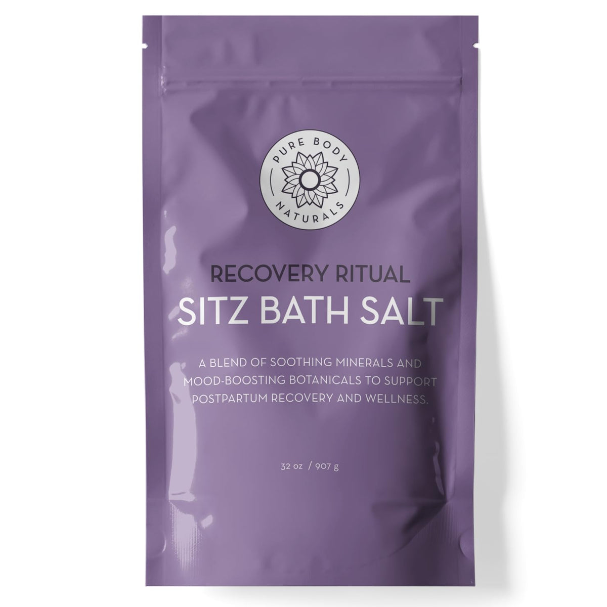Pure Body Naturals Sitz Bath Salt bottle shows postpartum relief and soothing aroma