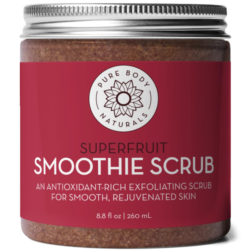 Pure Body Naturals Superfruit Smoothie Scrub jar front view for daily exfoliation
