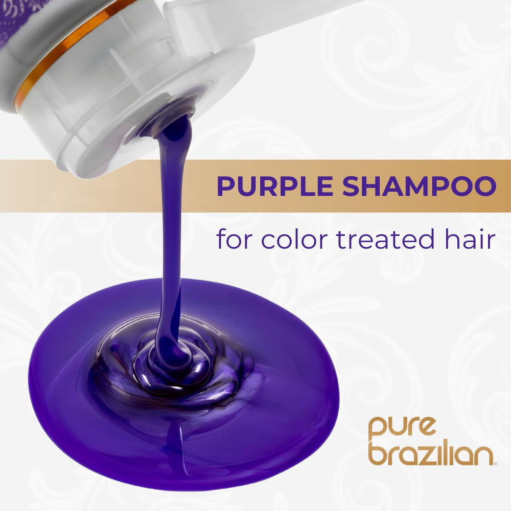 Pure Brazilian Always Blonde Shampoo bottle detail emphasizing purple toning for brass