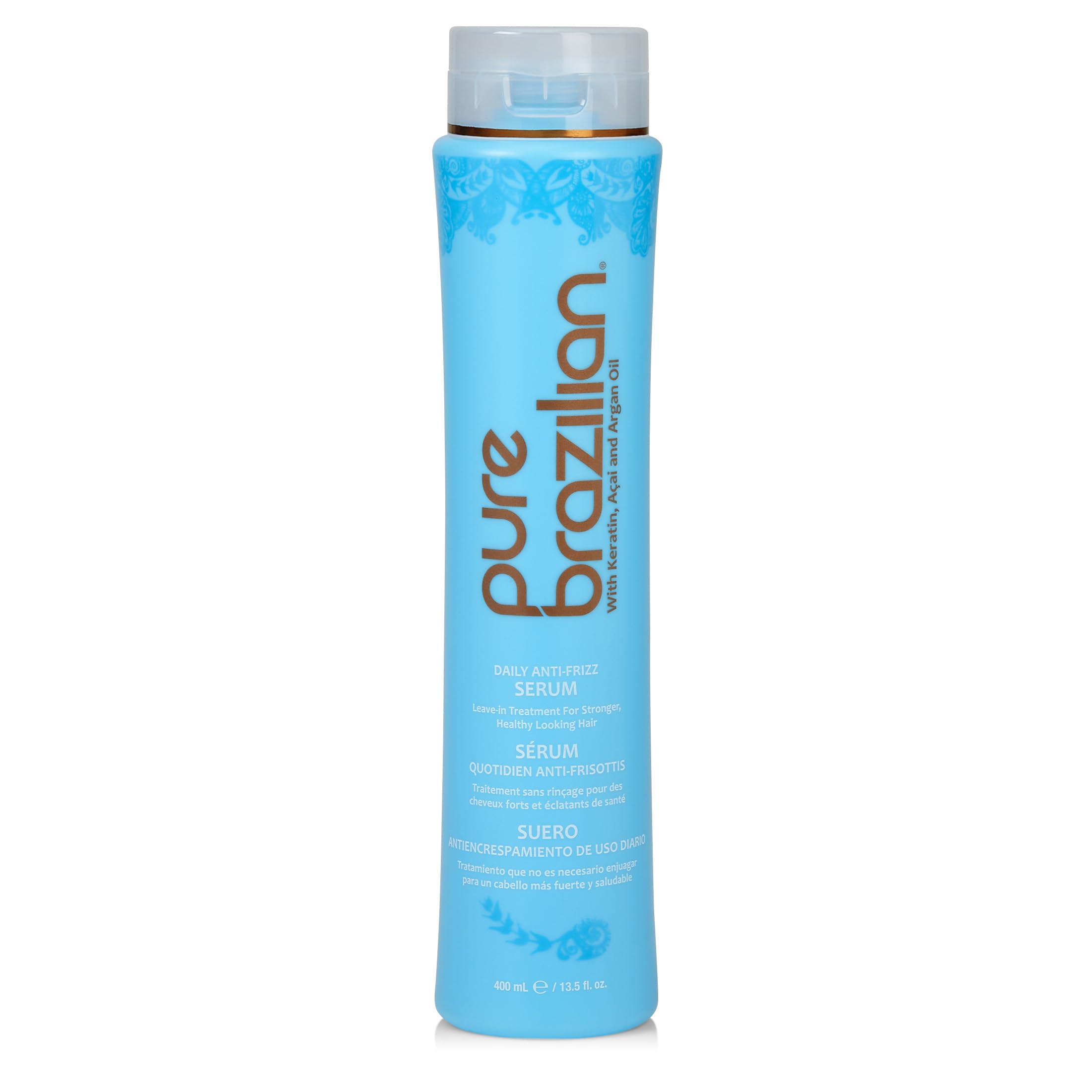 Pure Brazilian anti-frizz daily leave-in serum bottle for smooth frizz control and shine