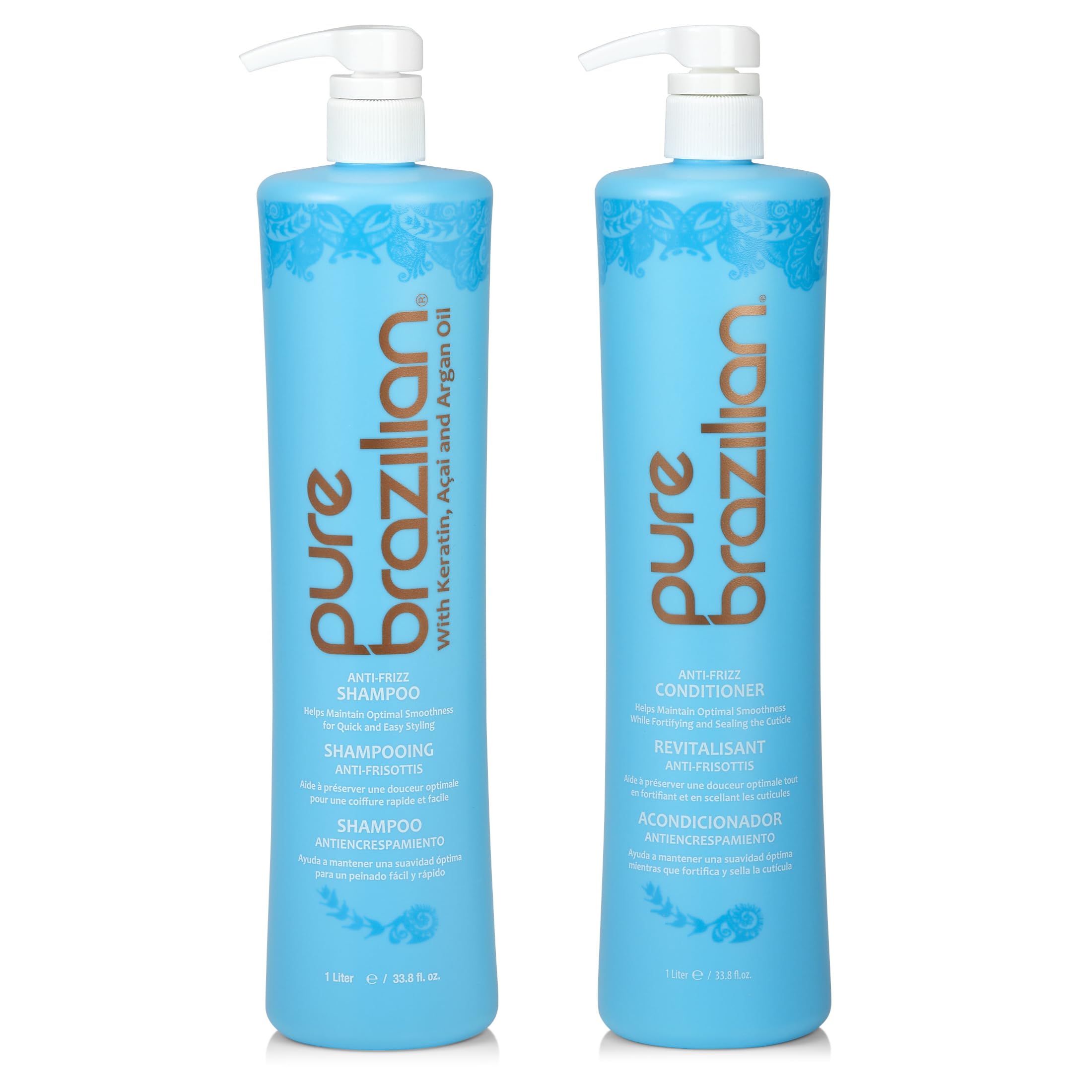 Pure Brazilian Anti-Frizz Shampoo bottle showing salt-free formula for smooth hair