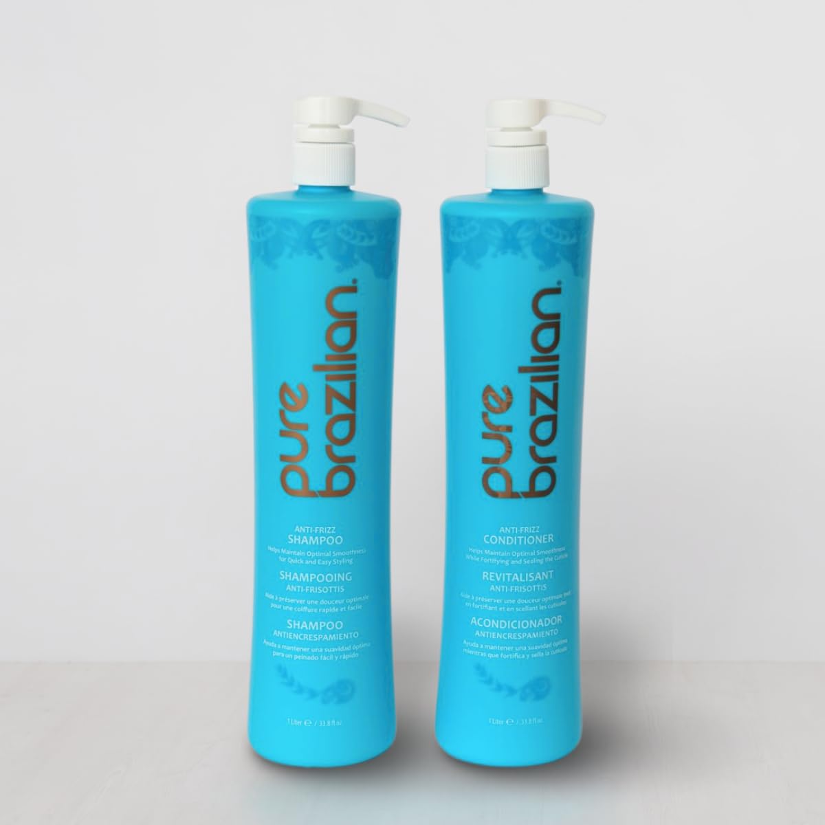 Pure Brazilian Anti-Frizz Shampoo and Conditioner duo on display for color-safe care