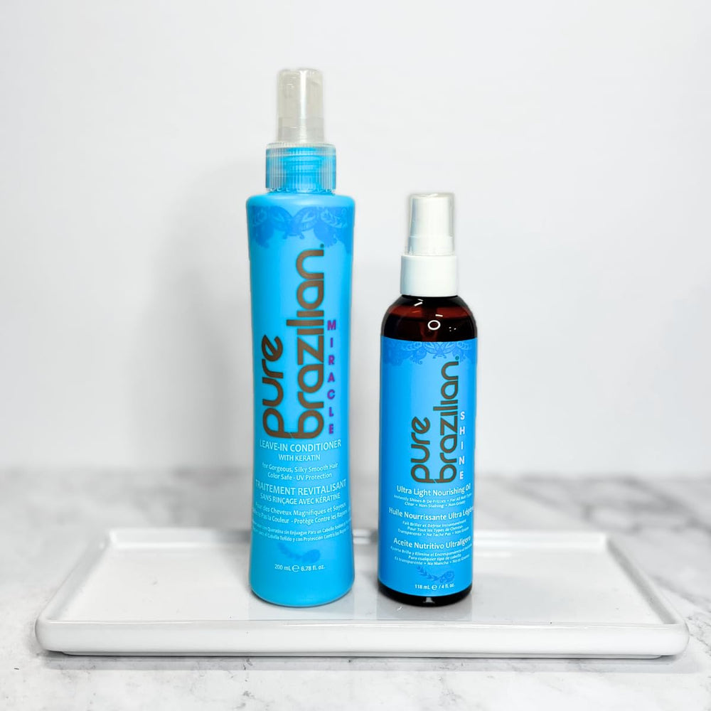 Pure Brazilian Duo display showing salon-grade at-home hair care results