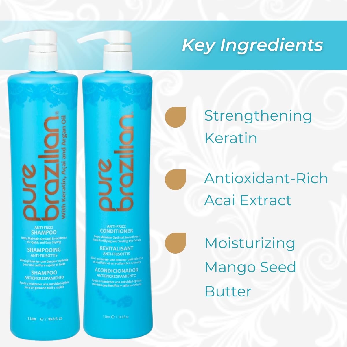 Close-up of keratin and argan oil ingredients in Pure Brazilian shampoo
