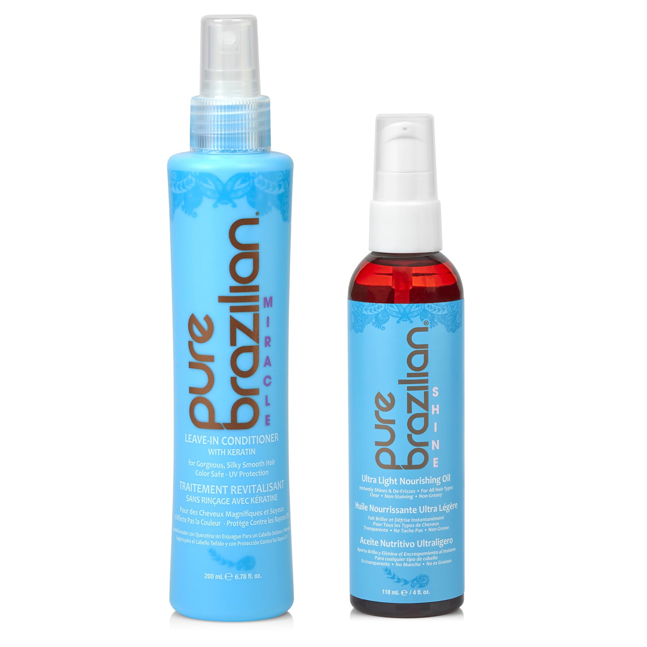 Pure Brazilian Leave-In Conditioner bottle pouring for smooth, frizz-free hair