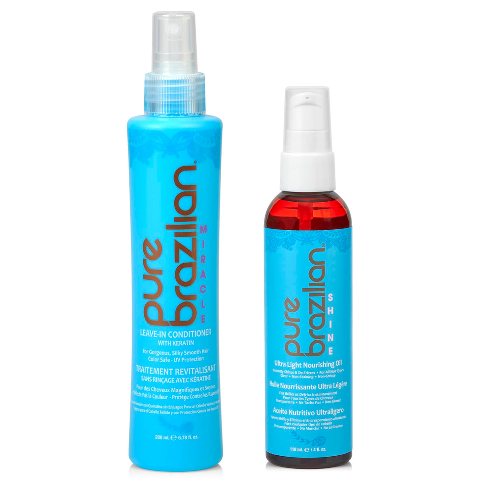 Pure Brazilian Leave-In Conditioner bottle pouring for smooth, frizz-free hair