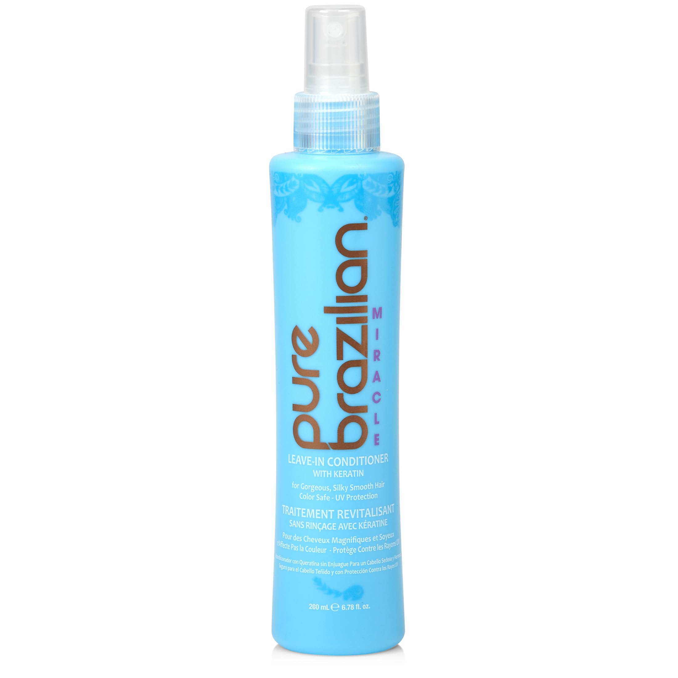 Pure Brazilian leave-in conditioner bottle for frizz control and shine.