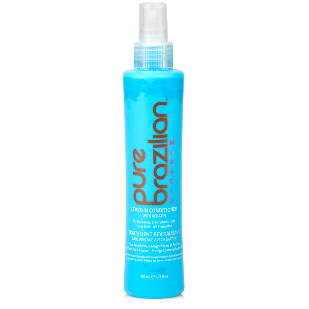 Pure Brazilian leave-in conditioner bottle for frizz control and shine.