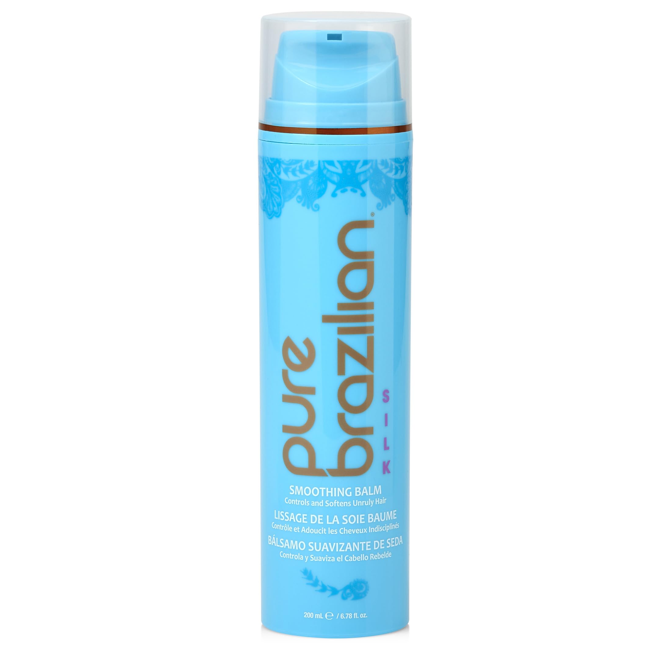 Pure Brazilian Silk Smoothing Balm bottle demonstrates premium anti-frizz treatment.