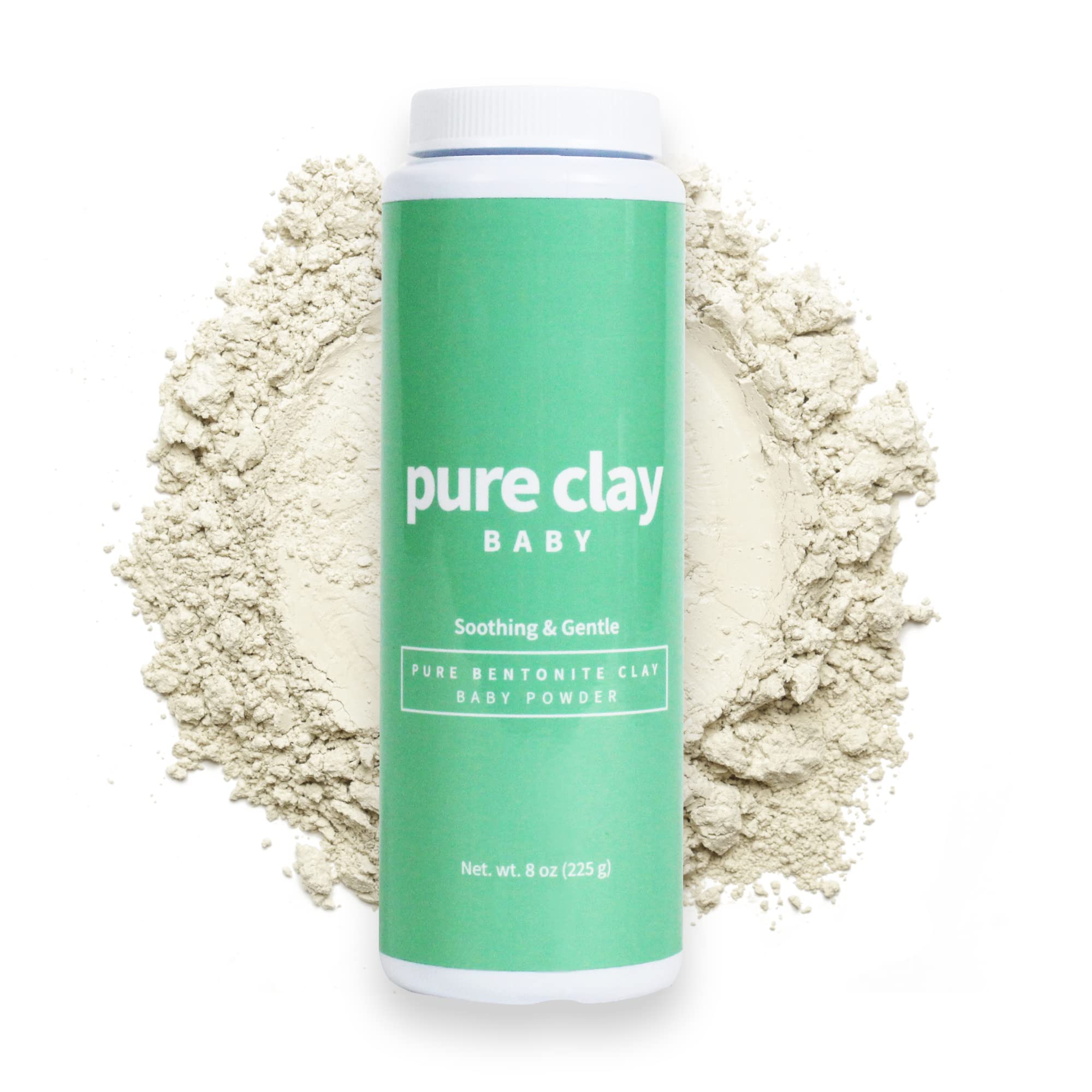 Pure Clay Bentonite baby powder bottle showing talc-free, gentle diaper changes