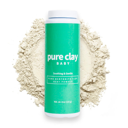Pure Clay Bentonite baby powder bottle showing talc-free, gentle diaper changes
