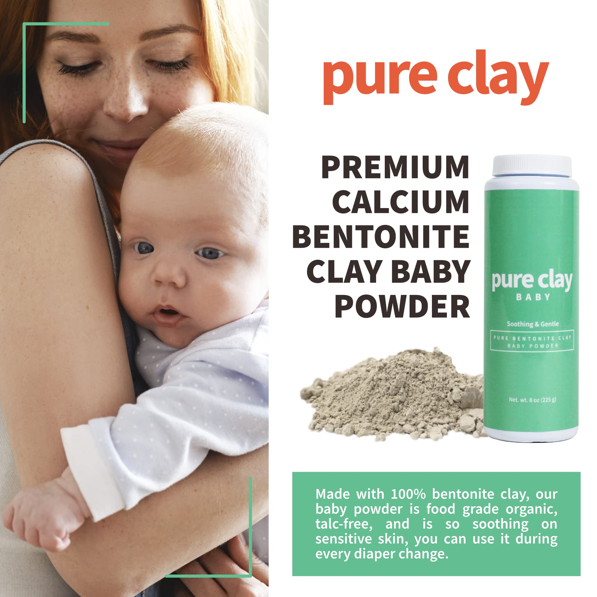 Pure Clay powder dust close-up, fine texture for sensitive skin