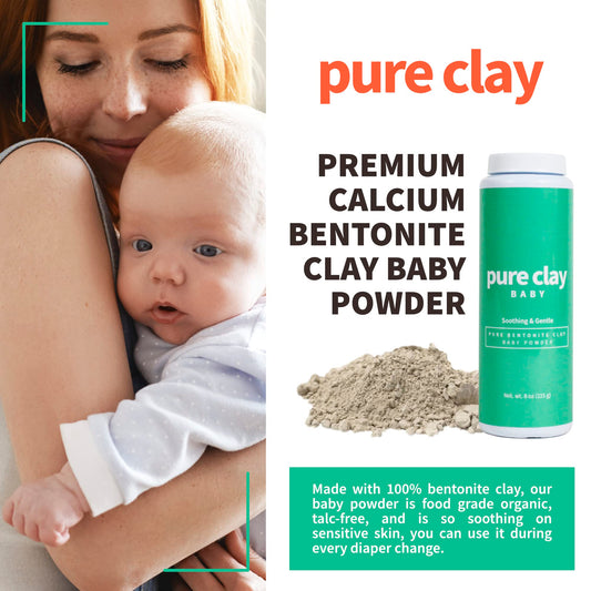 Pure Clay powder dust close-up, fine texture for sensitive skin