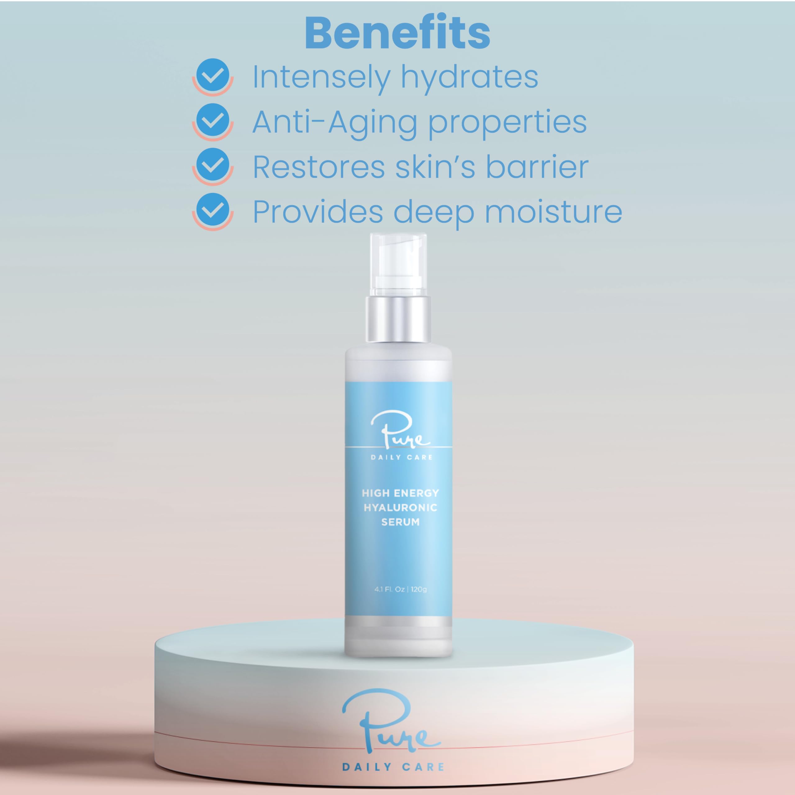 Pure Daily Care High Energy Hyaluronic Serum application demonstrates a quick daily skincare routine.