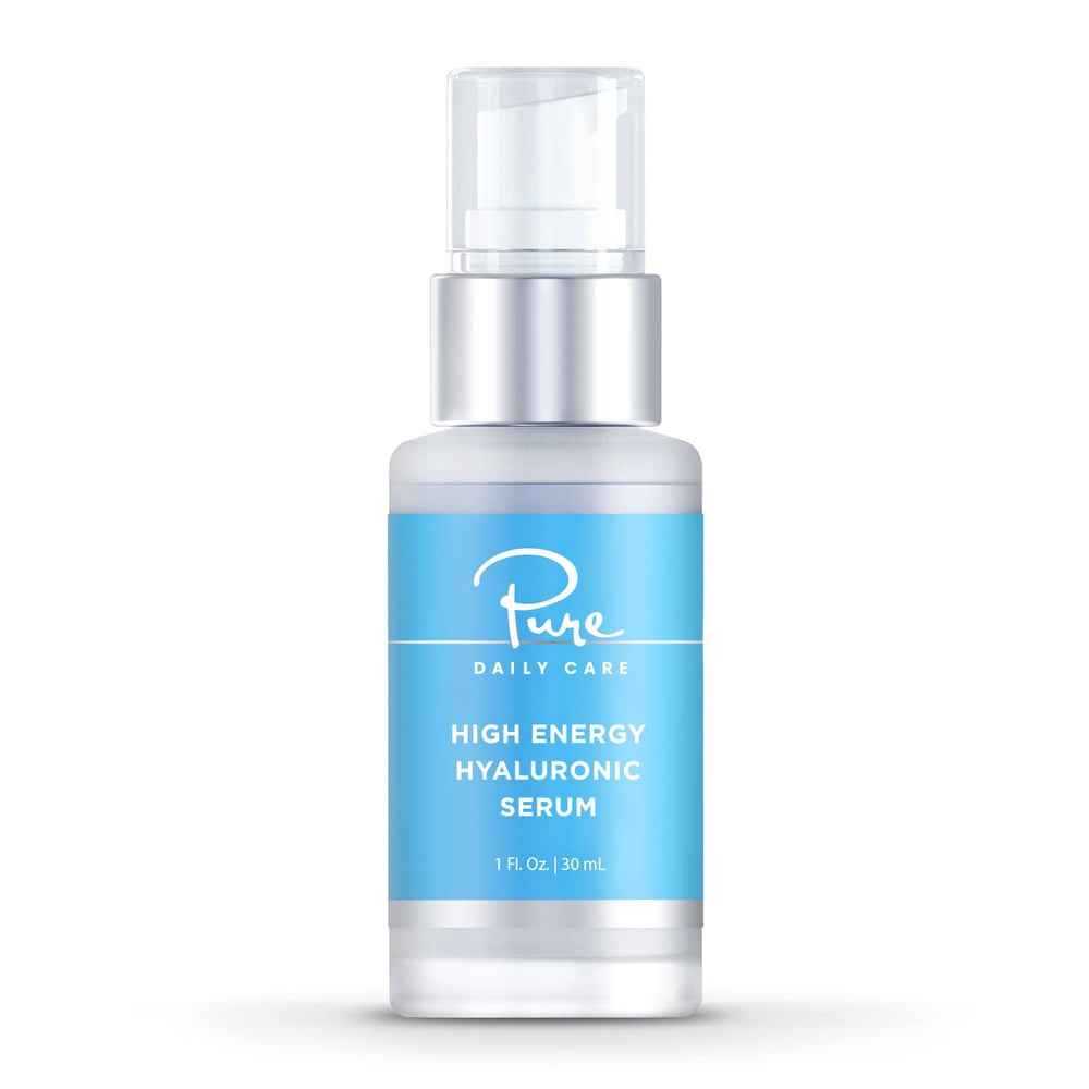 Pure Daily Care High Energy Hyaluronic Serum bottle shows hydrating formula for daily use.