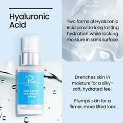 Pure Daily Care Hyaluronic Serum ingredients panel highlights vegan, clinical-grade formulation.